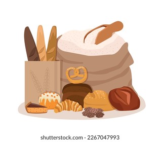 Flour packaging. Pastries and bakery products - bread, baguette, croissant, pretzel, loaf, cake. Vector illustration.