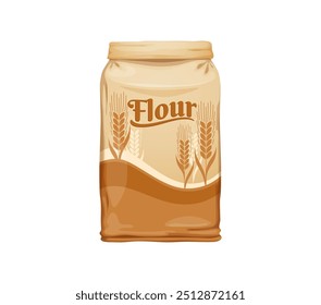 Flour packet, isolated cartoon vector paper bag. Essential ingredient for culinary and bakery, baking and cooking in the kitchen. Package in beige or brown colors with wheat ears depicted on its side