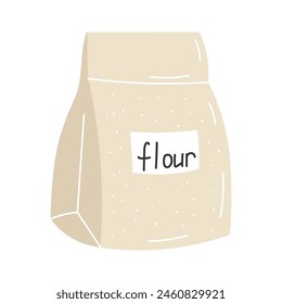 Flour in paper bag. Closed pack, package with baking ingredient. Product for cooking. Flat vector illustration isolated on white background