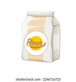 Flour paper bag vector illustration. Cartoon packet with Flour text and wheat ears on label for storage of product, closed package with cereal food ingredient to bake bread in bakery or home