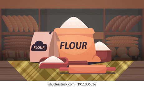 flour in paper bags cooking bread concept bakery interior horizontal isolated vector illustration