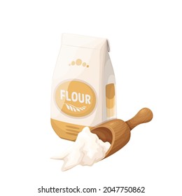 Flour in paper package and wooden scoop vector illustration.