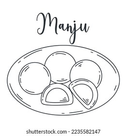 Flour pie stuffed with anko doodle illustration. Manju with chocolate ink sketch. Asian cuisine dessert. View of wagashi outline