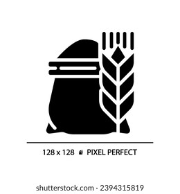 Flour pixel perfect black glyph icon. Bag of wheat. Cooking bread. Baking ingredient. Raw agricultural product. Silhouette symbol on white space. Solid pictogram. Vector isolated illustration