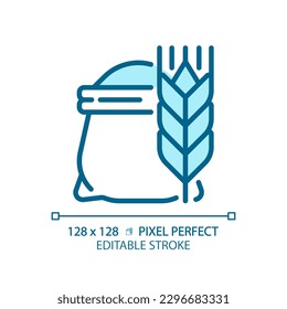 Flour pixel perfect blue RGB color icon. Bag of wheat. Cooking bread. Baking ingredient. Raw agricultural product. Isolated vector illustration. Simple filled line drawing. Editable stroke