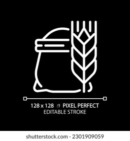 Flour pixel perfect white linear icon for dark theme. Bag of wheat. Cooking bread. Baking ingredient. Raw agricultural product. Thin line illustration. Isolated symbol for night mode. Editable stroke