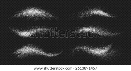 Flour powder wave splashes with 3d realistic textures of white grains and dust, vector cereal food, bakery and pastry. Baking wheat flour and cereal grain powder scatters set on transparent background