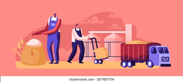 Flour Production, Characters Producing Wheat, Manufacture Process, Bread Industry. People Harvesting Cereals and Loading Sacks with Harvest on Truck, Agriculture, Factory. Cartoon Vector Illustration