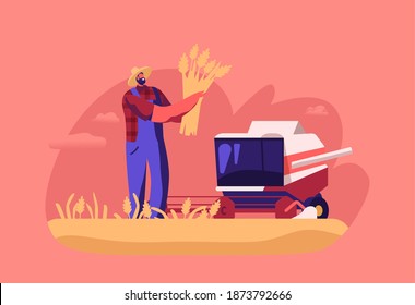 Flour Production, Worker Character Mowing Wheat Ears with Harvester on Field, Bread Producing Manufacture Process, Industry. Harvesting Cereals, Agriculture, Farming Work. Cartoon Vector Illustration