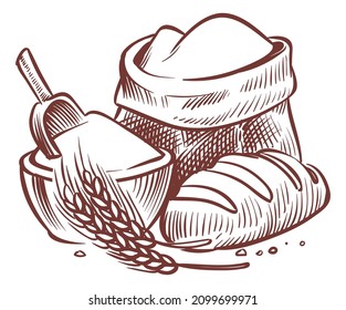 Flour sack with bread and grain. Bakery process concept