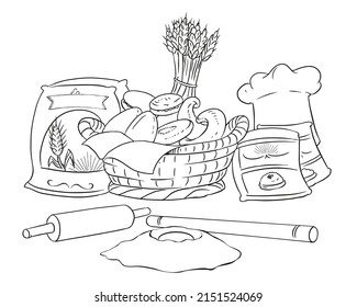 Flour Sack Wheat Spike Egg Wicker Basket Baking Powder Cook Hat Dough Roller Bread Varieties Croissant Sketch Vector