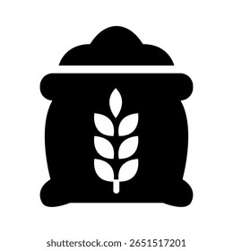 Saco de farinha com ícone de símbolo de trigo. Um saco de grãos representando alimentos básicos, agricultura e panificação.