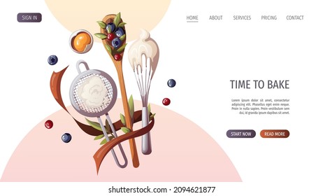 Flour sieve, whisk, wooden spoon. Baking, bakery shop, cooking, sweet products, dessert, pastry concept. Vector illustration for poster, banner, website, advertising.