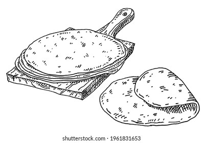 Flour and single tortillas. Mexican traditional food. Vintage monochrome black vector hatching illustration isolated on white background. Hand drawn design