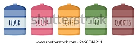 flour, sugar, coffee, tea, cookies container set, food canisters, kitchen cans, cooking ingredients, kitchen storage, vector illustration