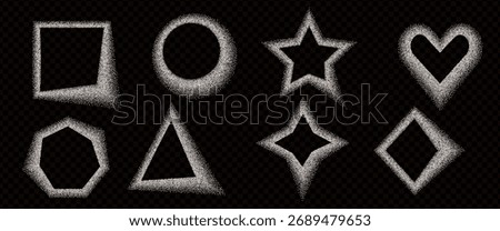 Flour uneven geometric shapes frames set. Grainy noise shade textured white sugar y2k borders elements. Heart, rectangle, heptagon, triangle and circle dotwork text boxes. Vector salt callout forms.