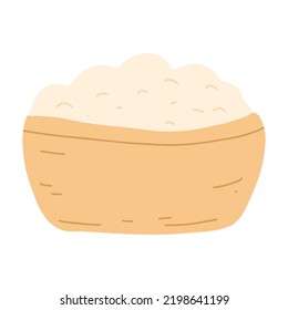 Flour in wooden bowl in cartoon flat style. Vector illustration of organic healthy food, baking ingredients