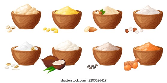 Flour In Wooden Bowl. Set Of Gluten Free Powder In Organic Product. Healthy Organic Food. Vector Illustration Isolated On White Background.