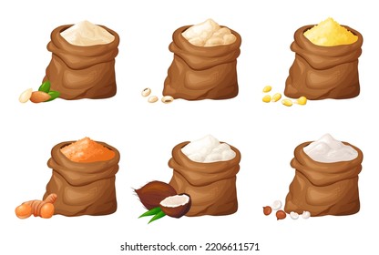 Flour In Wooden Bowl. Set Of Gluten Free Powder In Organic Product. Healthy Organic Food. Vector Illustration Isolated On White Background.