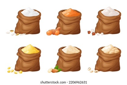 Flour In Wooden Bowl. Set Of Gluten Free Powder In Organic Product. Healthy Organic Food. Vector Illustration Isolated On White Background