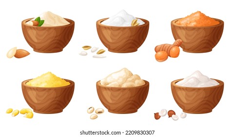 Flour in wooden bowl. Set of gluten free powder in organic product. Healthy organic food. Vector illustration isolated on white background.