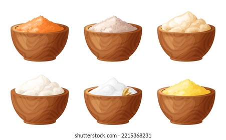 Flour in wooden bowl. Set of gluten free powder in organic product. Healthy organic food. Vector illustration isolated on white background