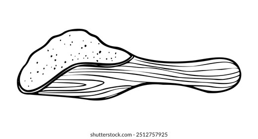 Flour in a wooden spoon vector illustration. Black Outline Drawing of Scoop with Pile of white wheat powder on isolated background. Hand drawn etching of ingredient for bakery or pastry.