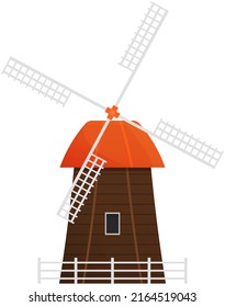 Flouring-mill isolated on white background. Mill building for production of natural flour. Tower for harvest keeping, windmill, village architecture. Countryside farm equipment, construction
