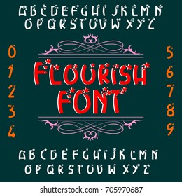 Flourish alphabet font symbols. Flower decorated letters and numbers. Handwritten ABC alphabet typeface letters. Calligraphic vector alphabet letters. Decorative ABC fonts for T-Shirt design