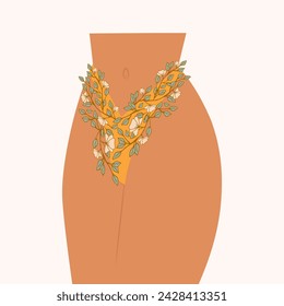 Flourish bikini intimate depilation and hygiene . Women's health, body positive illustration.