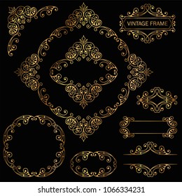 Flourish border corner and frame gold collection. Decorative elements for design invitations, frames, menus