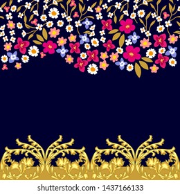 Flourish border with small bright wildflowers. Seamless vector pattern with daisies and poppies on dark background. Retro textile collection.