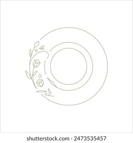 Flourish botanical circle frame with flower hand drawn line art decorative element for logo vector illustration. Elegant monochrome round border with blossom floral contour design for wedding emblem