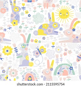 Flourish bunny garden rainbow sun butterfly vector seamless pattern isolated on white. Happy vibes phrase. Groovy spring rabbit background. Sunny blossom surface design for nursery and baby fashion.