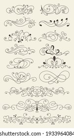 Flourish calligraphic design elements set. Page decoration symbols to embellish your layout. Linear collection of vintage swirls