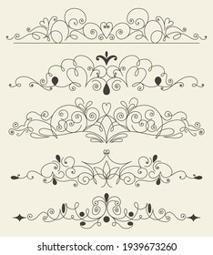 Flourish calligraphic design elements set. Page decoration symbols to embellish your layout. Outline border elements