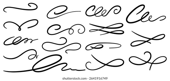 Flourish calligraphy swirl set in line art style. Elegant dividers, underlines, scrolls and accents for wedding fonts, vintage labels or decorative designs. Vector illustration.