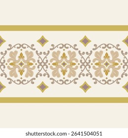 Flourish Classical Floral Royal Baroque Style Seamless Border Pattern. Gold and Brown Diamond Blooming Beautiful Rococo Element Luxury Round Detailed Striped Design for Tiles Floor Filigree Embroidery