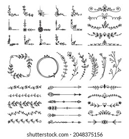 Flourish decorative dividers. Lines divider flower, floral border. Vintage corners and ornaments, doodle elegant decorations classy vector collection