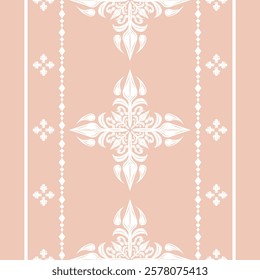 Flourish Delicate Sharp Scroll Embroidery Ornament and Geometric Stripe White Decoration on Pink Clay Background. Elegance Deluxe Expensive Traditional Florals Border Pattern Rich Design Silk Seamless