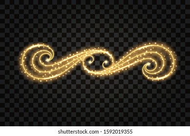 Flourish design element with gold glow effect. Decorative swirl with golden glittering, sparkles, shiny stars and dust particles. Vector illustration