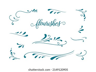 flourish design element set, hand drawn curls and line art border design vector, wedding invitation decoration in blue ink, book title or paragraph underline, fancy frame, elegant scrapbook clip art