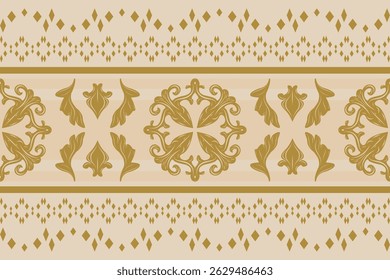 Flourish Digital Print Motif with Gold Scroll Ornament and Geometric Diamond Striped Elegance Pattern on Beige Background. Luxury Filigree Batik Textiles Silk Weaves Graceful Design for All Decoration