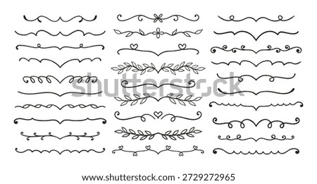 Flourish and dividers crayon drawn set. Black pencil drawings. Doodle chalk decorative lines, underline, strikethrough, twigs with leaves. Hand drawn symbols. Vector illustration