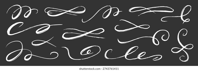 Flourish drawn swash line set. Flourish line calligraphy hand drawn pen chalkboard brush stroke..Elegant vintage doodle swirl scroll underline text decoration on blackboard. Vector illustration.