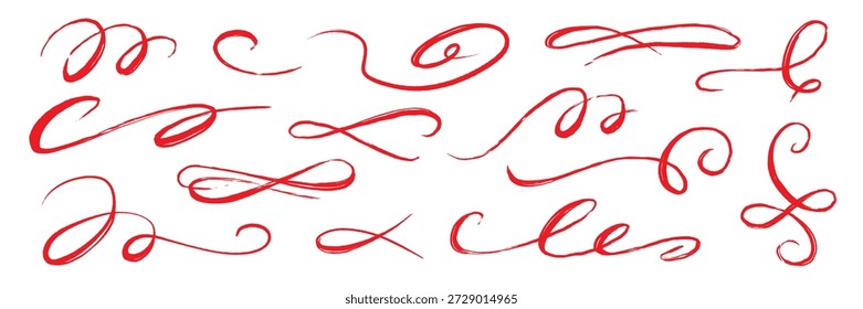 Florecer dibujado swash conjunto rojo. Caligrafía de floritura roja dibujada a mano pincel de pluma tinta delgada línea de trazo.. Antiguas doodle swirl scroll subrayado textura de decoración de texto grunge. Ilustración vectorial.