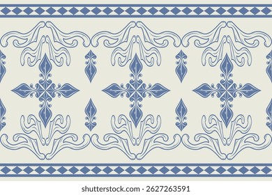 Flourish Elegance Azure Baroque Scroll Ornament Medieval Pattern. Delicate Art Gothic Florals Design on Grey Background for Border Striped Rim Tailor Costume Luxury Regency Motif Embroidery Floor Tile