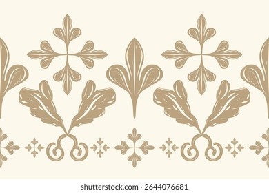 Elegância floreada Royal Gentle Gold Scroll Ornamento Decoração Sem Costura Borda Padrão. Luxo Botânico Fleur de lis Estilo Listrado para Rich Design Papel de Parede, Tapete, Vestuário de Vestuário, Bordado, Rendas