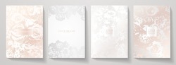 Flourish Elegant Cover Design Set. Luxury Fashion Background With Pastel Floral Pattern. Flower Abstract Vector Template For Wedding Invite, Makeup Catalog, Brochure Template, Flyer, Presentation