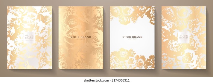 Flourish elegant cover design set. Luxury fashionable background with gold floral pattern. Flower abstract vector template for wedding invite, makeup catalog, brochure template, flyer, presentation